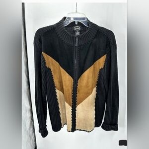 Vintage 80s Suede Cardigan Sweater Zippered Knit Mock Neck Colorblock Size L